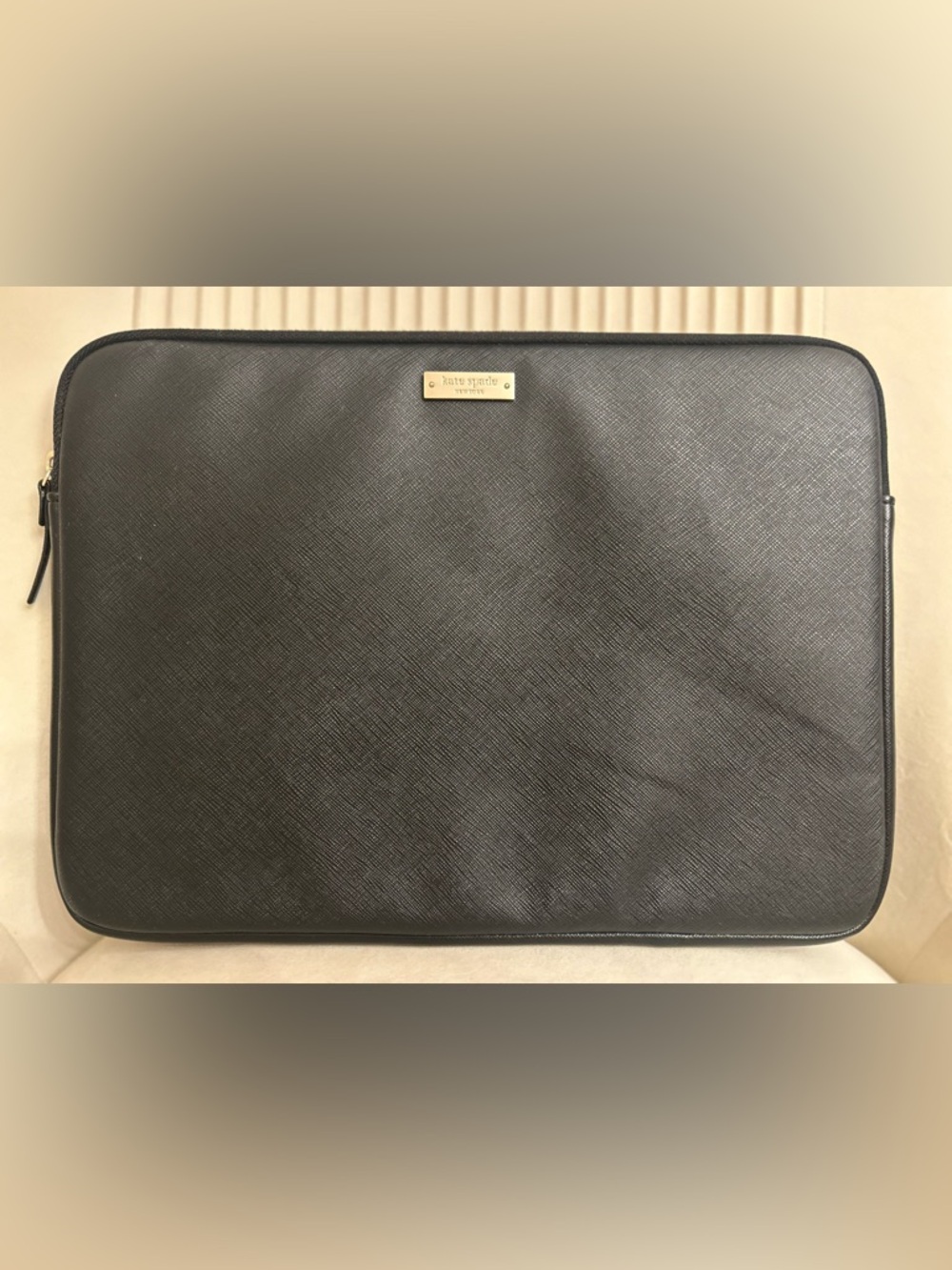 Kate Spade Black Saffiano Leather Laptop / IPad Sleeve with Gold Plaque